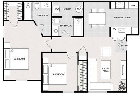 Floor plan for 2 beds, 2 baths, 874 sqft